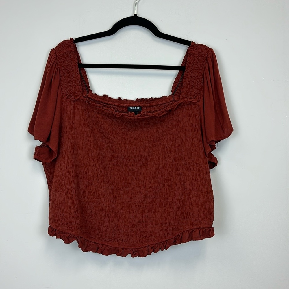 Torrid Smocked Crop Top Flutter Sleeve Stretch Rust Orange 3 3X